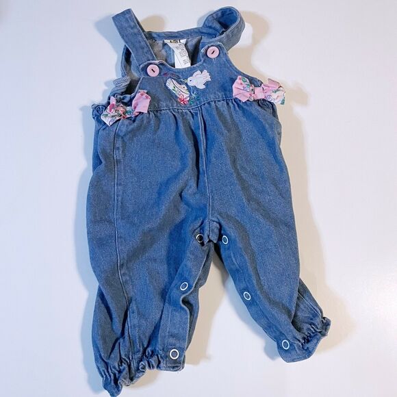 Vintage Cuties By Judy Infant overalls Floral Shirt Ruffles Pink Bird 3-6 M - Picture 5 of 6